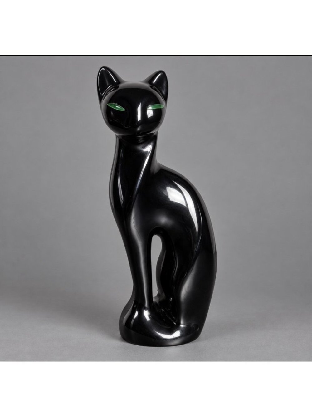 Vintage Glossy Black Cat 11" Ceramic Figurine Statue Green Eyes Haeger Style